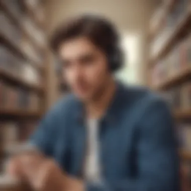 A person immersed in listening to an audiobook with a thoughtful expression