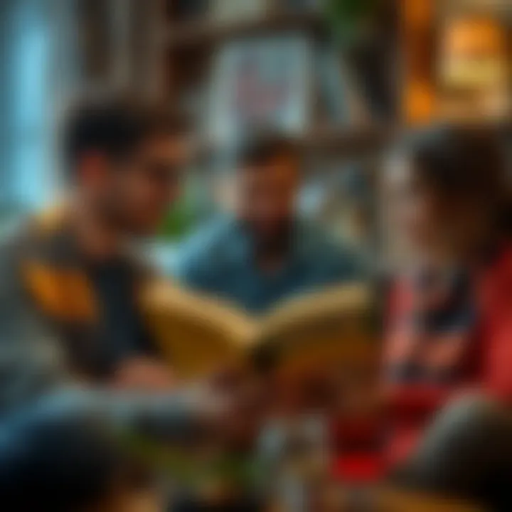 Engaging in Meaningful Dialogue A group of friends discussing a book in a cozy setting