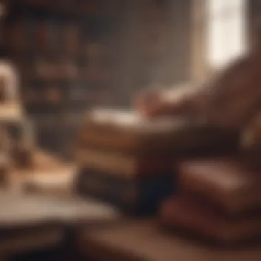 A person writing in a journal with books stacked nearby