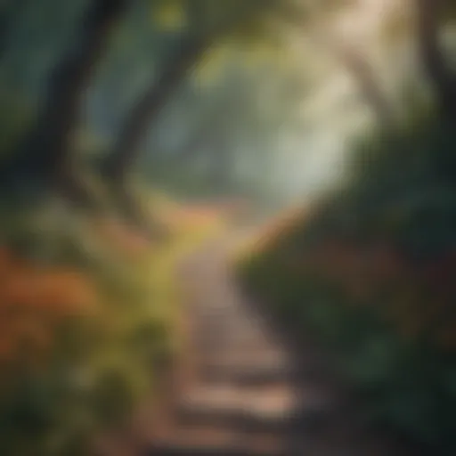 A serene landscape with a winding path through a forest