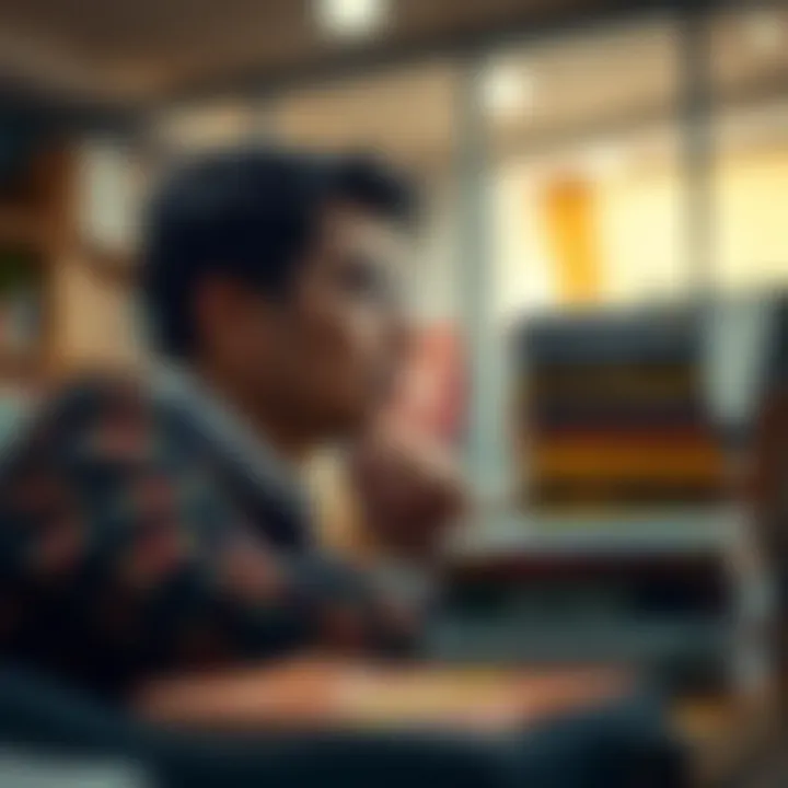 Reflecting on the Path to Success A person pondering over a stack of self-help books