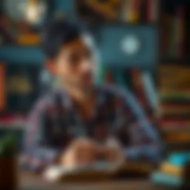 Journaling for Growth A thoughtful person journaling with motivational books in the background