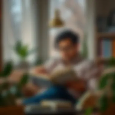 Engaging with Investing Literature A person reading an investing book in a cozy setting