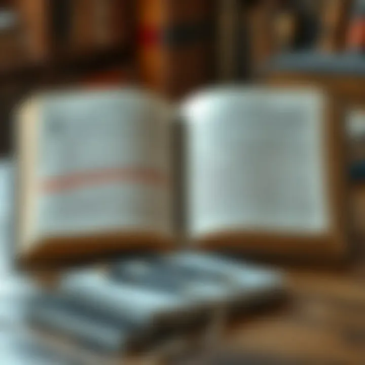 An open book with highlighted passages and a notebook for notes