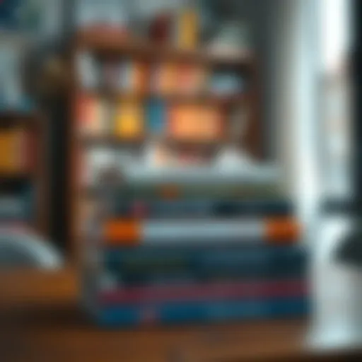 A stack of influential motivational books on a wooden table