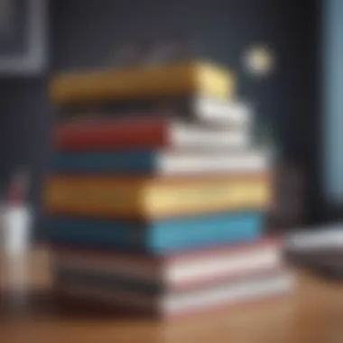 A stack of business books on a modern desk