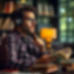 A thoughtful individual engaged in listening to an audiobook, surrounded by notes and inspiration.