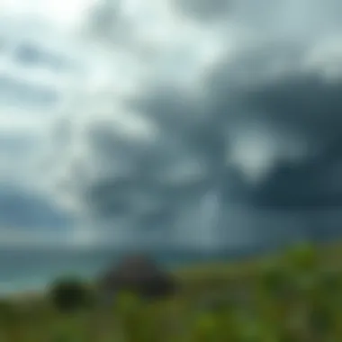 Unexpected Storm Amidst Tranquility A serene landscape disrupted by a storm, symbolizing unexpected adversity