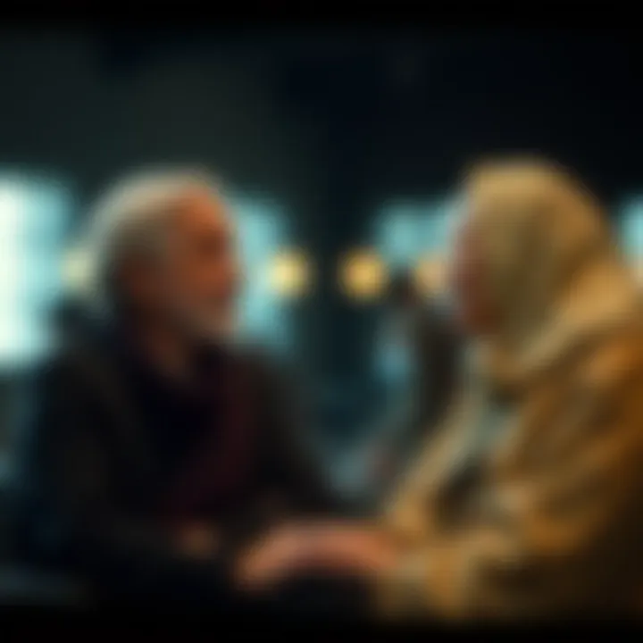 Wisdom in Dialogue Two figures engaging in a deep conversation, representing wisdom sharing.