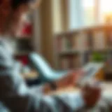 Digital Reading Experience A person immersed in reading a book summary on a digital device