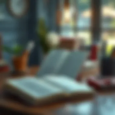 Reflective Learning Space A serene workspace displaying a book summary alongside a journal for personal reflections