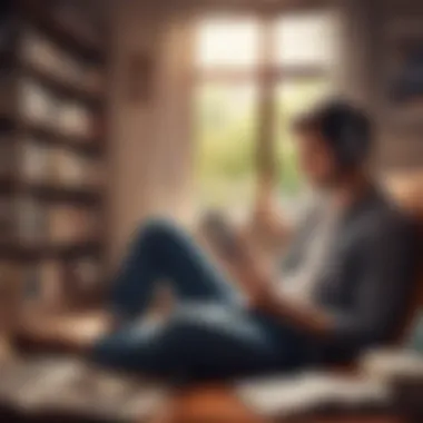 A person enjoying an audiobook with headphones in a cozy setting