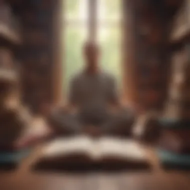 A person meditating with books around