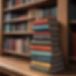 A stack of classic literature books on a wooden shelf