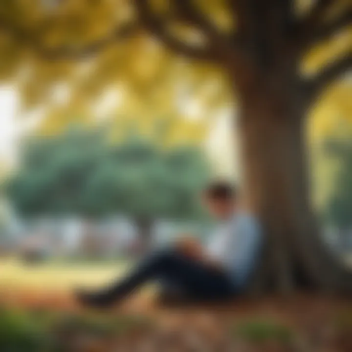 A contemplative person reading under a tree