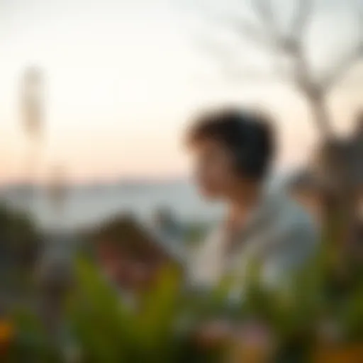 Immersed in Audiobooks A person immersed in listening to an audiobook in a serene outdoor setting