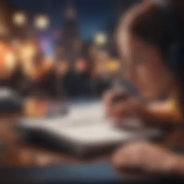 A person listening to an audiobook with a notebook