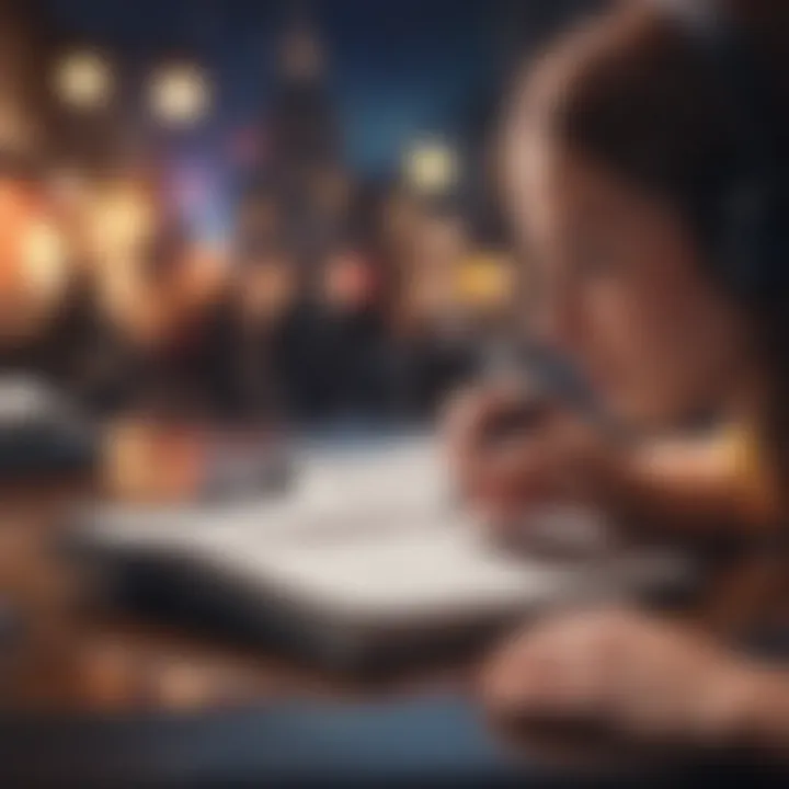 A person listening to an audiobook with a notebook