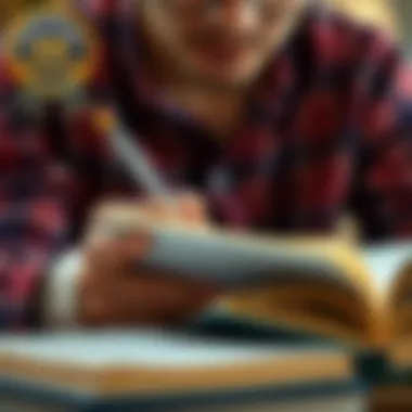 A close-up of a person writing notes while reading a book.