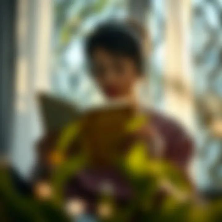 A serene environment showcasing a person immersed in an audiobook