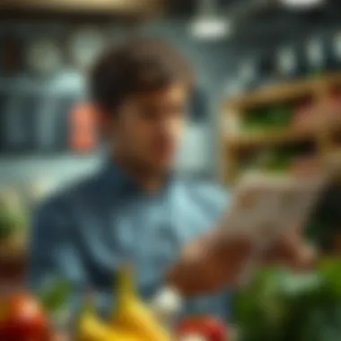 A thoughtful individual examining nutritional information, reflecting on dietary choices.