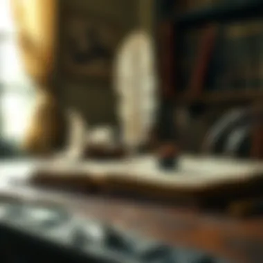 Writing History A quill and ink on a vintage desk