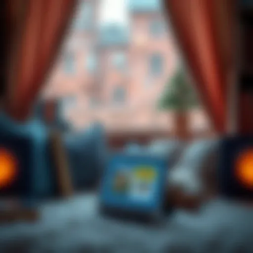 A cozy reading nook with a digital device showcasing audiobooks