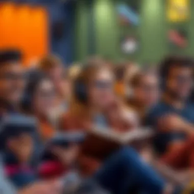 A diverse group of individuals enjoying audiobooks on various devices