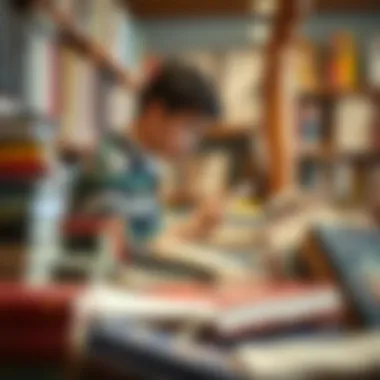 Thoughtful Book Selection A person thoughtfully choosing from a diverse selection of books