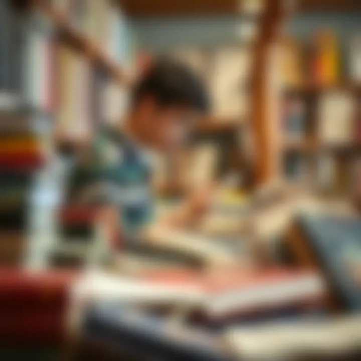 Thoughtful Book Selection A person thoughtfully choosing from a diverse selection of books