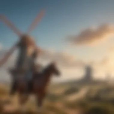 An artistic representation of Don Quixote tilting at windmills, symbolizing the theme of illusion.