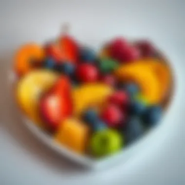 Self-Compassion in Eating A heart-shaped plate filled with colorful fruits representing self-compassion
