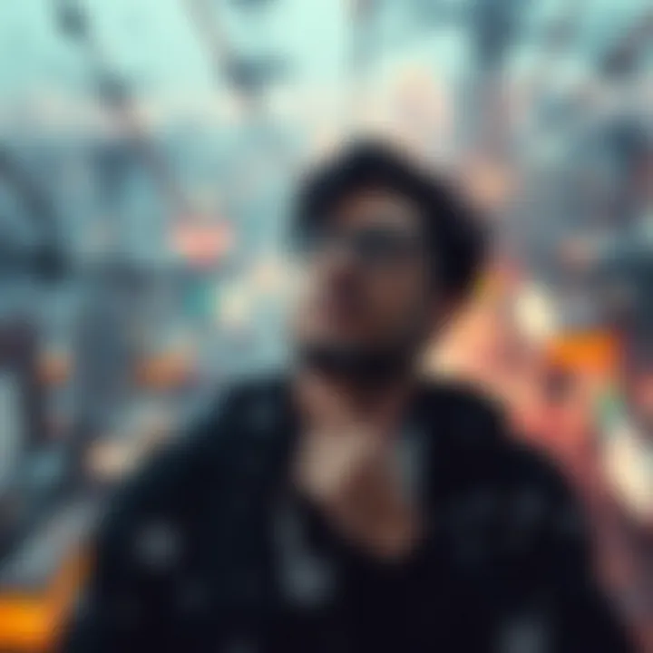 Navigating Distractions: The Modern Mind A person deep in thought amidst a digital distraction landscape