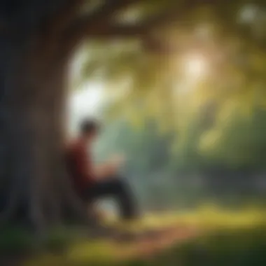 A person reflecting deeply while reading under a tree