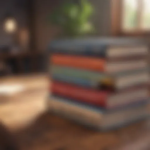 A stack of motivational books on a wooden desk