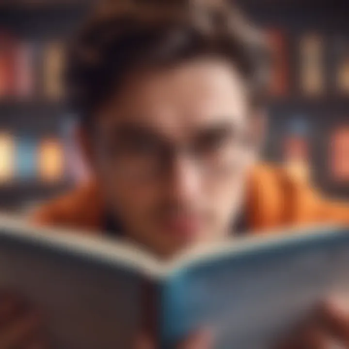 A close-up of a person reading a book with a thoughtful expression