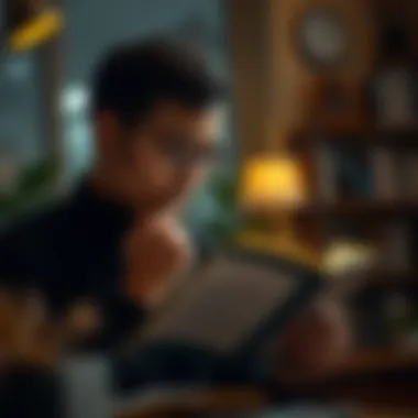 A person thoughtfully reading a book summary