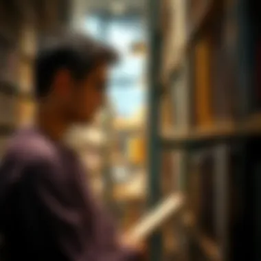 Browsing Bookshelf A thoughtful individual browsing through a bookshelf