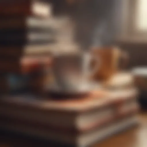 A stack of self-help books with a coffee cup