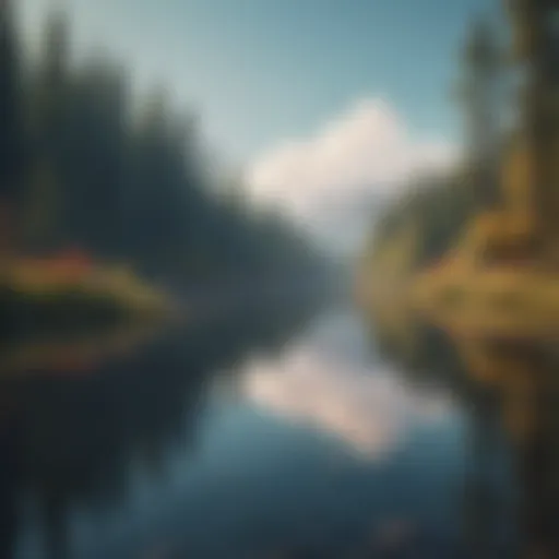 A serene landscape with a calm lake reflecting the sky.