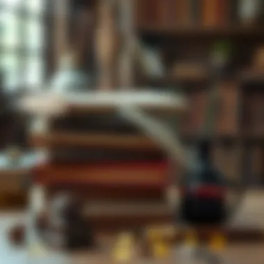 A stack of classic literature with a quill and inkpot, representing timeless wisdom.