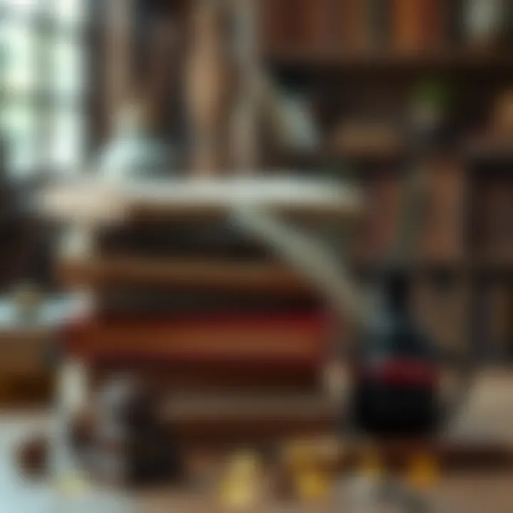 A stack of classic literature with a quill and inkpot, representing timeless wisdom.