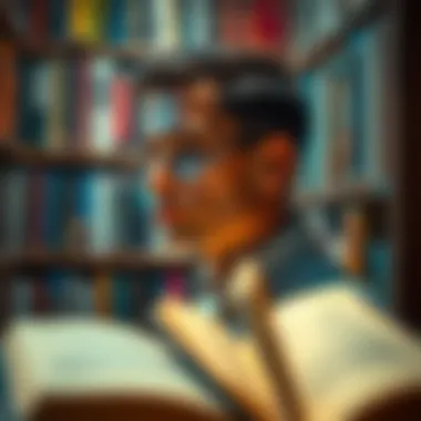 A contemplative figure gazing at a bookshelf filled with diverse titles, embodying reflection.