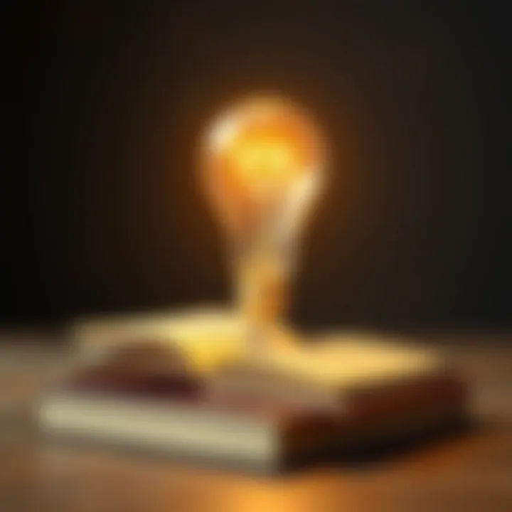 A glowing lightbulb above a book, illustrating the spark of ideas and insights.