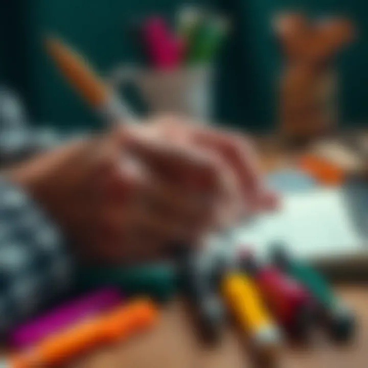 Writing Tools for Bullet Journaling A close-up of a person's hand writing in a bullet journal with colorful pens