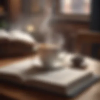 A close-up of a steaming cup of coffee resting on a table with an open book