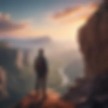 A solitary figure standing at the edge of a cliff, overlooking a vast landscape symbolizing personal freedom.