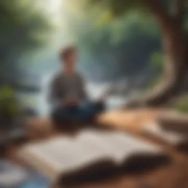 A person meditating with a book nearby