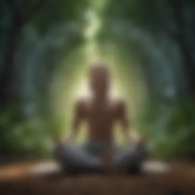 A person meditating with symbols of growth and transformation around