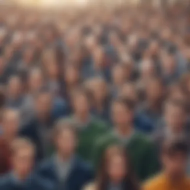 A lone figure standing confidently against a backdrop of societal norms represented by a blurred crowd.